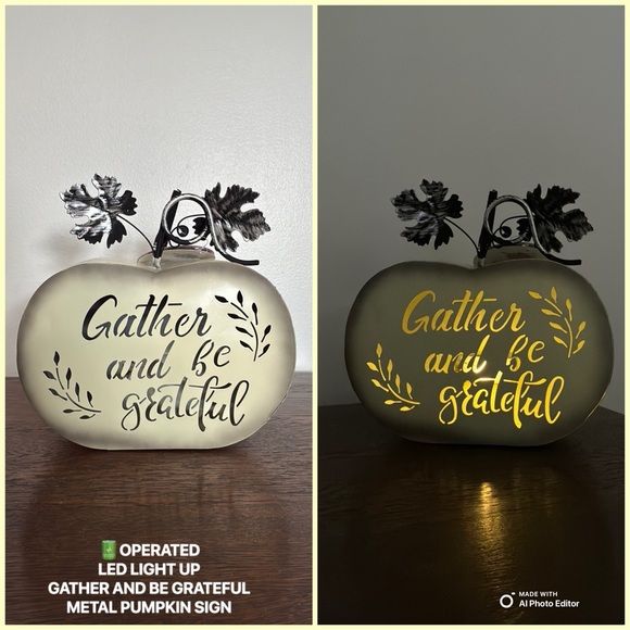NWT- LED Light Up- Gather And Be Grateful Cream Metal Pumpkin w/ Metal Leaves - Picture 1 of 17